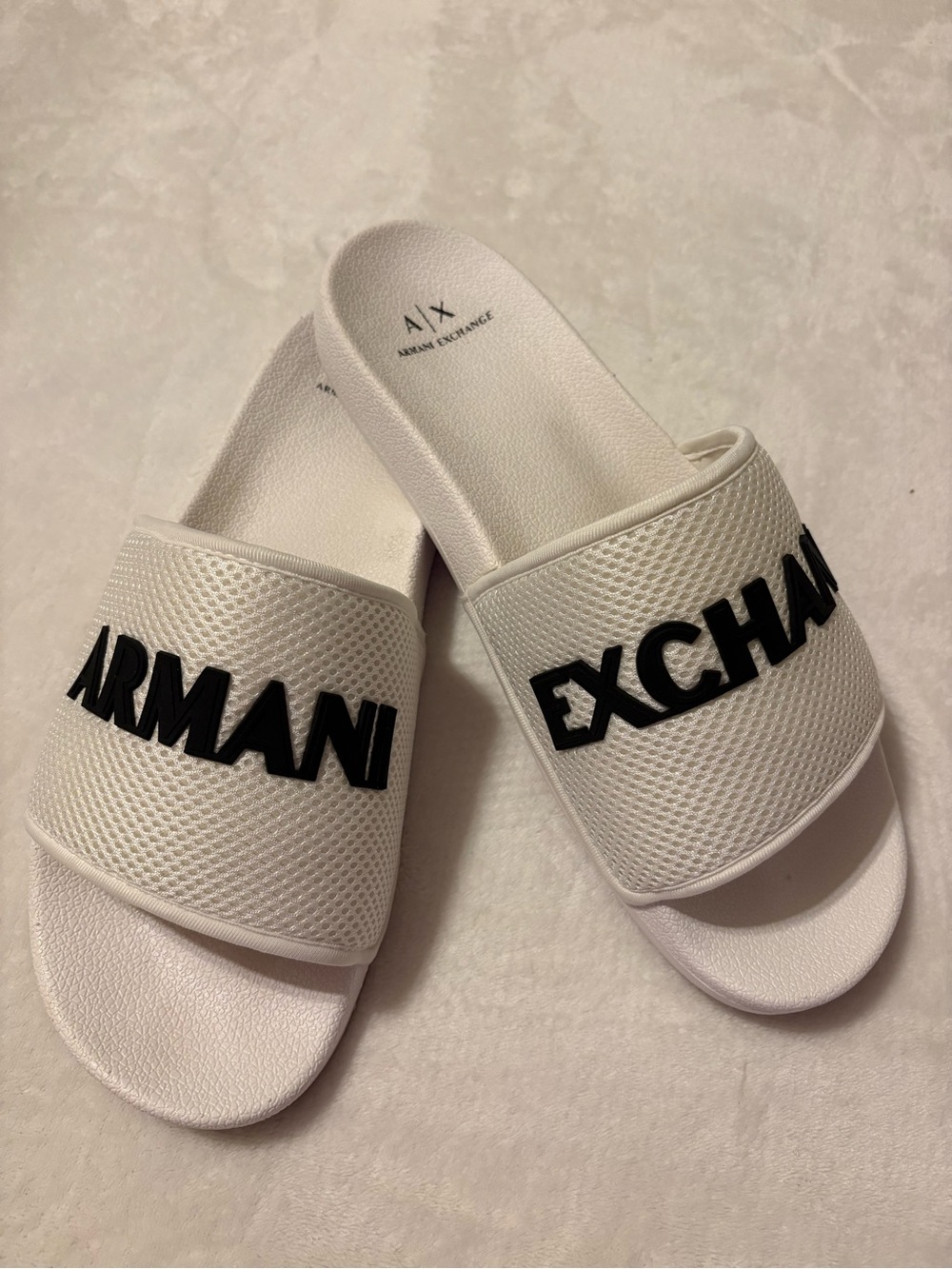 Armani Exchange White Slides with Black Raised Logo